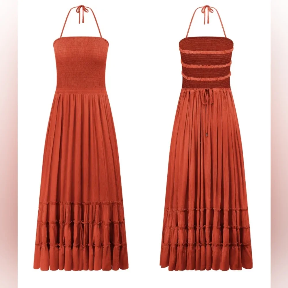 R.Vivimos Orange Summer Cotton Sexy Blackless Ruffle Maxi Dress - Picture 6 of 13